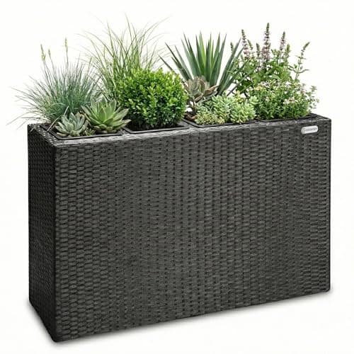 Image of CASARIA® Flower Box | Large Tall Rattan Flower Pot Planter | 4 Removable Inner Plant Pots With Water Drain | Poly Rattan Mesh Trough Flower Box Planters Outdoor Garden | 95x27x60cm | Brown