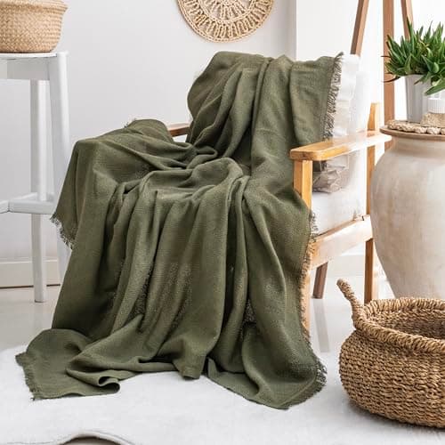 Image of Milam London Cotton Throw Blanket | Soft Throws For Armchairs, Sofa, Settee | Single Bed Throw, Olive Green - 170 x 200
