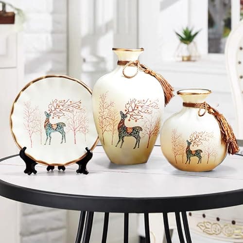 Image of Gintison White Ceramic Vase Set, Three-Piece Deer Decorative Ornament Set for The Living Room TV Cabinet and Wine Cabinet