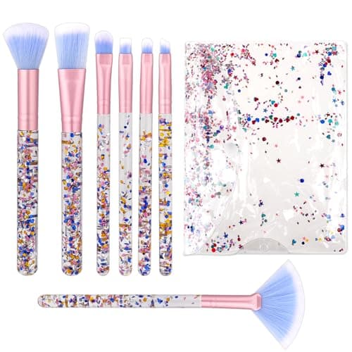 Image of 7 PCS Makeup Brushes Set,Crystal Sparkles Make Up Brush Professional Blending Brush with Sequins Handle Cute Blush Foundation Highlight Concealers Eyebrow Eye Shadow Lip Fan Beauty Brush Kit for Girls