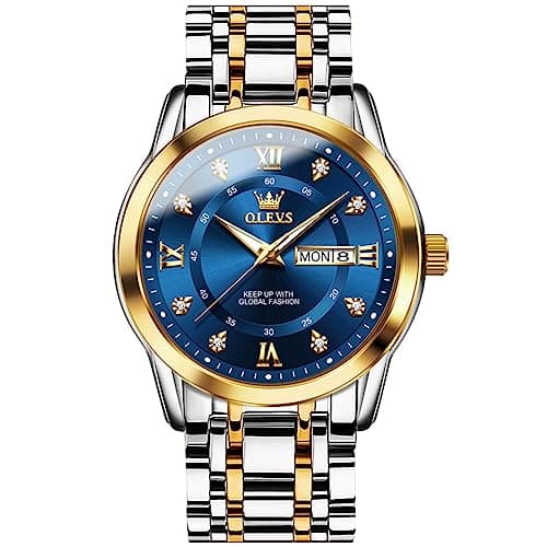 Image of OLEVS Men's Watches Blue Big Face Diamond Stainless Steel Bracelet Watches for Mens Luxury Roman Numerals Analog Quartz Waterproof Gold Silver Men’s Wrist Watch Luminous Mens Watch with Day Date