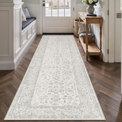 Image of PureCozy Grey Runner Rugs for Hallway 80x300cm Long Vintage Floral Area Rug Washable Non Slip Bobo Lounge Bedroom Kitchen Bedside Office Corridor Indoor Bathroom Carpet Dining Living Room