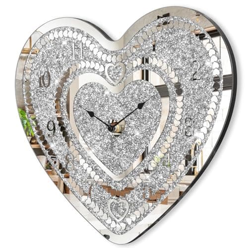 Image of Crystal Wall Clocks for Living Room Decor Heart Shape Silver Diamond Mirrored Wall Clock with Sparkle Twinkle Bling Crushed Diamond for Wall Decoration