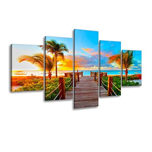 Image of Tropical Beach Painting Decor, SZ 5 Piece Palm Tree Sunset Picture Canvas Wall Art, Ocean Canvas Prints for Bedroom, Ready to Hang, Waterproof, 24x50 overall
