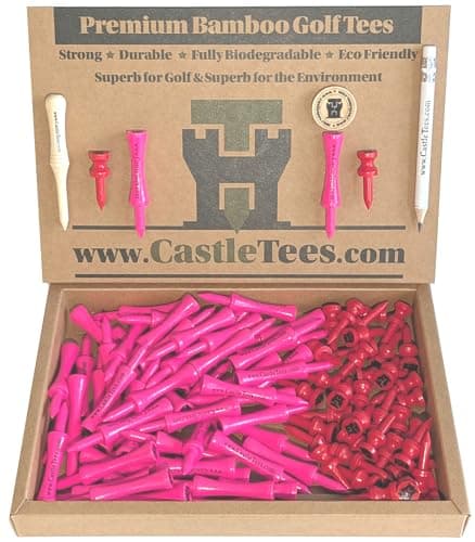 Image of Castle Tees Official Pink Tees 50 pcs x 60mm 2 1⁄3 inch + Red Tees 40 pcs x 32mm 1 ¼ inch Premium Bamboo Golf Tees with a Free Pitch Repair Tool, Ball Marker & Pencil. Very strong Great Golf Gift.