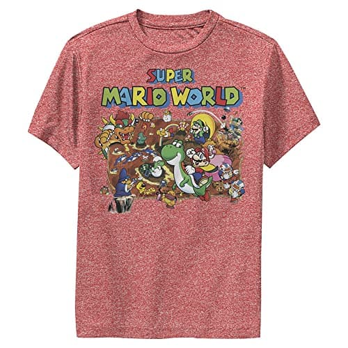 Image of Nintendo Boys' Mario World Map T-Shirt, Red Heather, L