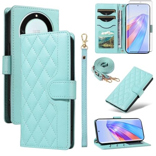 Image of Asuwish Phone Case for Honor Magic 5 Lite 5G / X9A / X40 Wallet Cover with Tempered Glass Screen Protector and Wrist Strap Lanyard Card Holder Slot Stand Flip Magic5 5Lite G5 6.67” Women Men Green