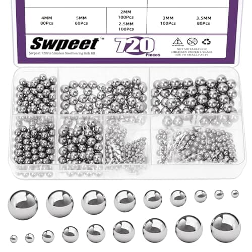 Image of Swpeet 720Pcs 9 Sizes 2mm 2.5mm 3mm 3.5mm 4mm 4.5mm 5mm 5.5mm 6mm Metric Precision 304 Stainless Steel Bearing Balls Assortment Kit, Assorted Loose Bicycle Bearing Balls for Bicycles Casters