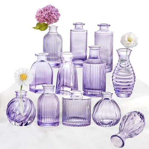 Image of PHUNTTEK Glass Bud Vases Set of 12, Small Purple Ribbed Vases for Flowers, Wedding Decor