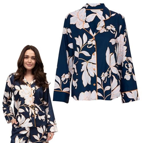 Image of Cyberjammies Auburn Women's Floral Print Long Sleeve Pyjama Tops | Soft Cotton Modal Ladies' Pyjama Tops | Elegant Revere Collar Women's Pyjama Shirt with Orange Trim & Covered Buttons | Size 12