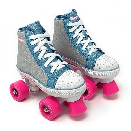 Image of Chicago Skates Girls Fashion Quad Skates with Flashing Lights - Glitter Silver/Teal/Pink - Size 3