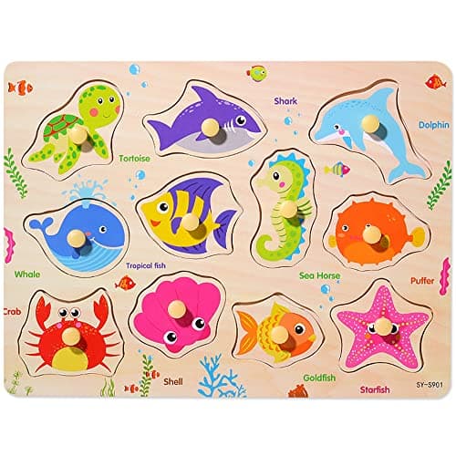 Image of Wooden Puzzles for 3 Year Old Montessori Preschool Toys for baby & Toddlers, Early Education Games-Wooden Toy 3+ Gift for Boy or Girl. (Marine animals)