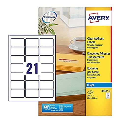 Image of Avery Clear, Transparent, Printable, Address Labels, 63.5 x 38.1 mm, Clear, See-Through 21 Labels per Sheet, 210 Blank Labels per Pack (J8560-10)