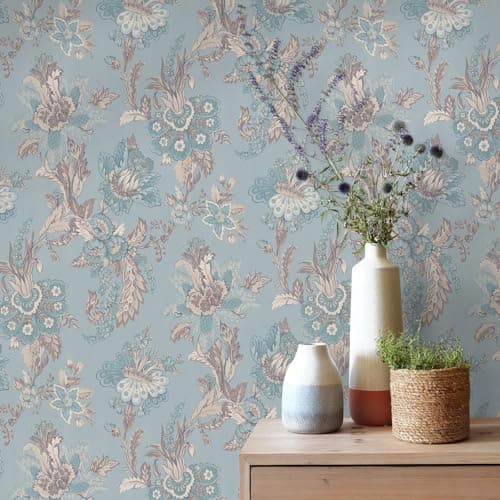 Image of SOPHIE LAURENCE Duck Egg Floral Wallpaper Grey Cream Damask Pattern Smooth Finish Feature Wall