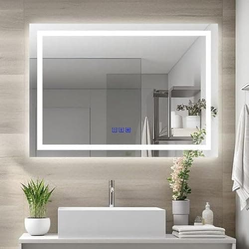 Image of Finmrys Bluetooth Bathroom Mirror with LED Lights, 800 x 600 mm Demister Dimmable 3 Colour Light Memory Function LED Bathroom Mirror Horizontal/Vertical(31.5x23.62 Inch)