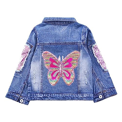 Image of Peacolate 3-10Years Little Big Girls Embroider Butterfly Denim Jacket(pink butterfly,7-8Years)
