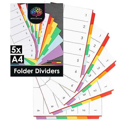 Image of OfficeTree 5X Folder Dividers A4 with 6 Parts - Cardboard File Divider - 6 Part Dividers for Lever Arch Files or Ring Binder - File Dividers A4 - Binder Dividers
