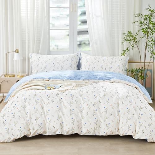 Image of SAPHREAS Blue Floral Duvet Cover Set 100% Cotton 3pcs King Size, Botanical Flower White Bedding Comforter Cover Set, 1 Duvet Cover 2 Pillow Shams, Comforter Not Included