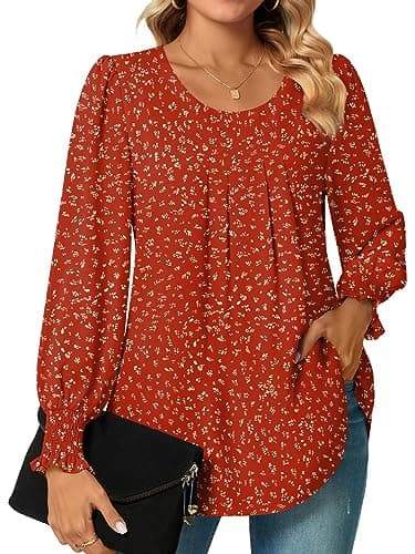 Image of Bestbee Womens Long Sleeve Tunic Tops Dressy Chiffon Blouses Crew-Neck Smocked Cuffs Sleeve Shirts Casual T-Shirts Ladies Pleated Tops, Polka Dots Red, M