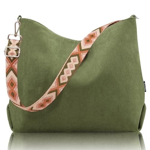 Image of Prite Corduroy Tote Bag for Women with Zipper Large Capacity Shoulder Bags with Adjustable Strap and Pockets Waterproof Handbag for Work School Shopping Travel College (Green)