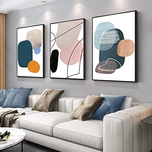 Image of MPLONG Wall Art 3 Pieces Of Framed Decorative Paintings Abstract Simple Orange White Blue And Other Color Blocks Wall Art Canvas Prints Wall Decor Gifts Size 16" x 24" x 3 Panels