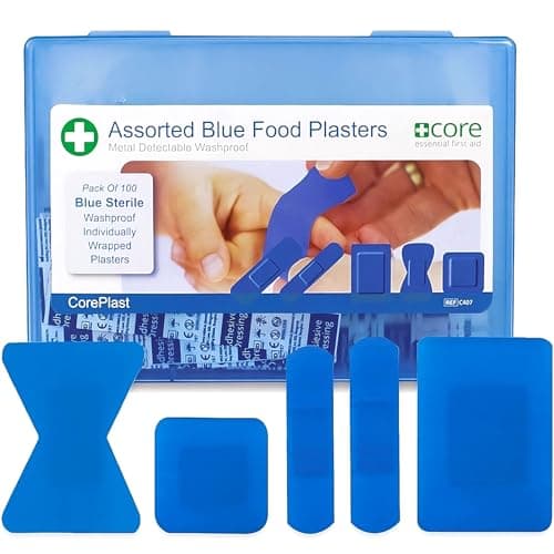 Image of Blue Catering Plasters Assorted Hard Box 100x CorePlast Metal Detectable. Washproof Waterproof Medical Plaster Catering First Aid Kits, Easy Open, high stickability, Tough Cushioned Wound Dressing
