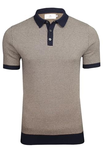 Image of Xact Men's Knitted Polo Shirt – 100% Cotton, Short Sleeve Smart Casual Jacquard Knit Top, Textured Knitwear with Zip Neck - Evening Dusk - L