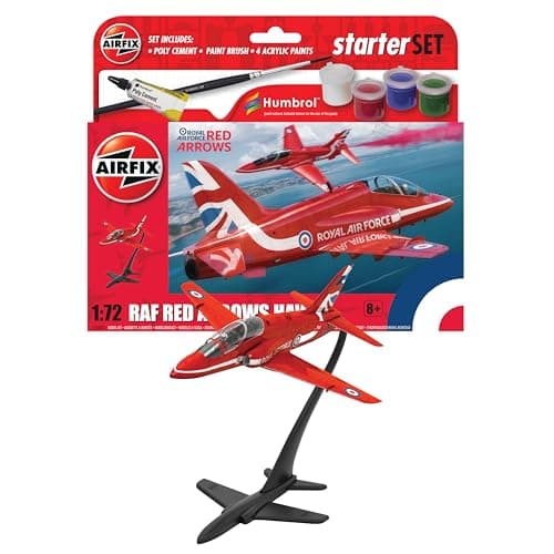 Image of AIRFIX - Starter Set - A55002 Red Arrows Hawk Model Building Kit - Plastic Model Plane Kits for Adults & Children 8+, Set Includes Decals, Acrylic Paints, Brushes & Poly Cement - 1:72 Scale