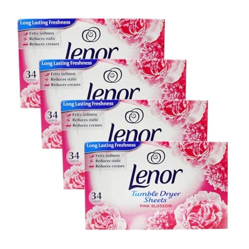 Image of Lenor PINK BLOSSOM Dryer Sheets (4 Pack – 34 Sheets Each, Total 136) – Uplifting Floral Scent, Softness & Static Reduction