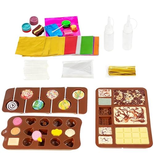 Image of Chocolate Maker Kit, Chocolate Lollipop Making Kit with Chocolate Moulds Silicone Pop Sticks and Wrappers, Cake Pop Maker Kit to Make Yummy Choco Bars and Lollies