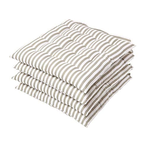 Image of HOMESCAPES Grey and White Stripe Seat Pad Cushion for Dining Chairs Set of 4 100% Cotton Chair Pad with Straps 40 x 40 cm