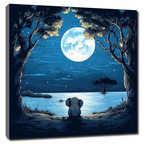 Image of Elephant Decor Moon Wall Art / Bright Night Scene Animals and Blue Moon Canvas Painting Modern Ocean Landscape Pictures Print Poster Artwork for Living Room Decoration Framed Ready to Hang 12x12inch
