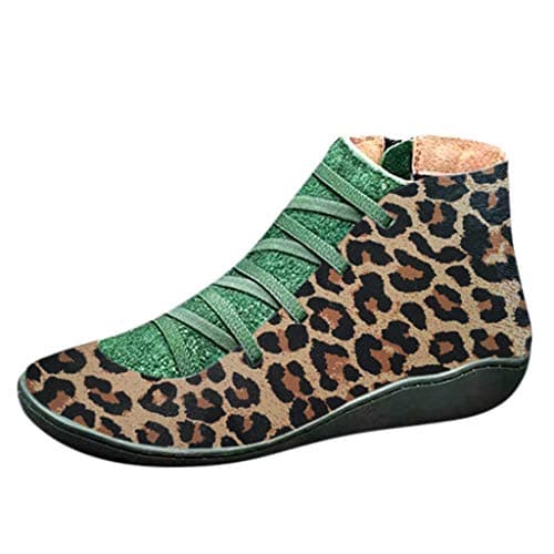 Image of Yowablo Women's Casual Flat Leather Retro Lace Up Boots Side Zip Round Cap Shoes Brown Size: 8 UK