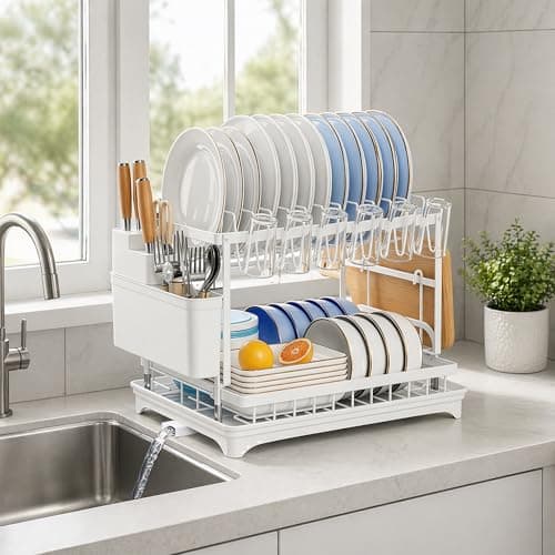 Image of EPISENT Dish Drainer Rack with Drip Tray, Stainless Steel Dish Drying Rack for Kitchen Counter, Cutlery Holder & Plate Rack, Sink Drainer Rack for Washing Up & Kitchen Storage (White, 2-Tiers)