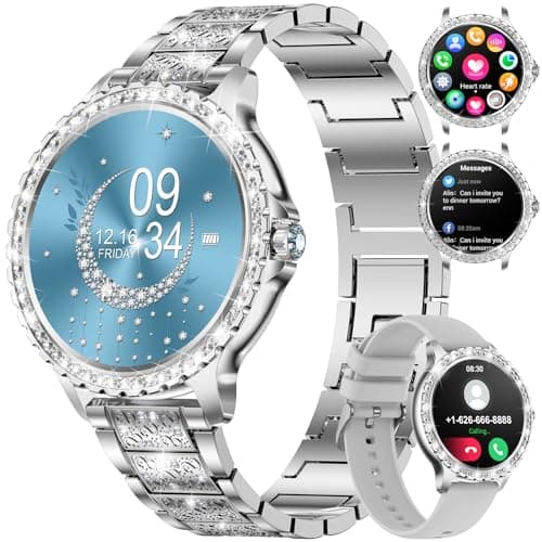 Image of LIGE Women's Smart Watch 1.32" HD Elegant Diamond Bluetooth Phone Calls for Android iOS Ladies Smartwatch Round Dial 100+ Sport Fitness Tracker, Heart Rate Sleep Monitor,2 Watch Straps,Sliver
