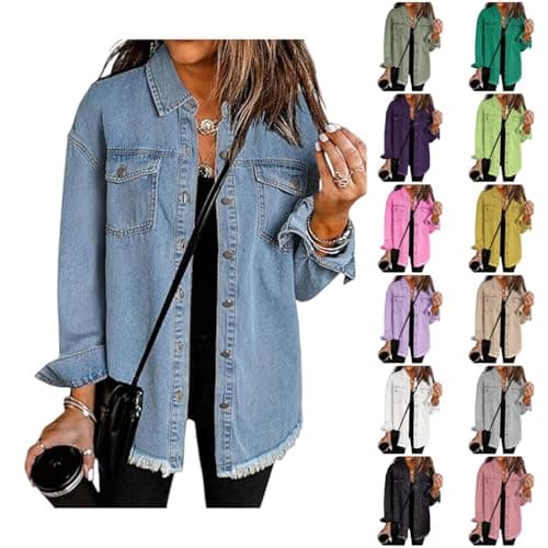 Image of YGERGWE Jeans Jacket for Women UK, Oversized Lightweight Jean Jacket Casual Button-Down Shacket, Ladies Long Sleeve Jean Shirt Top for Spring Autumn
