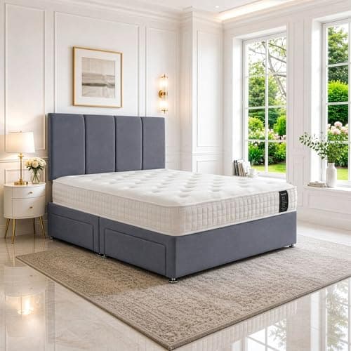 Image of SANA SLEEP Double Divan Bed with Orthopedic, Posture Support, Multi-Layer Pocket Sprung Mattress, Headboard & 2 Storage Drawers – Plush Sierra Grey Fabric, 4FT6 UK Made, Space-efficient, Bedroom
