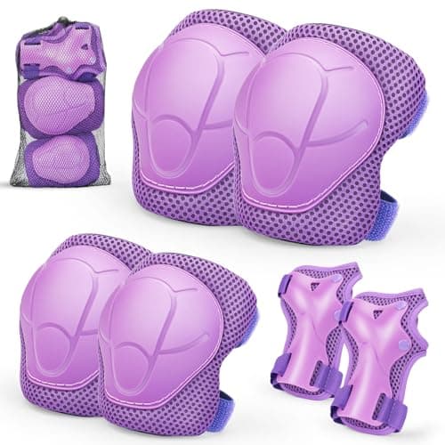 Image of Kids Knee And Elbow Pads ,6pcs Wrist Guard Knee And Elbow Pads for Children, Kids Sports Protective Gear Set With Mesh Bag for Skateboard, Roller Skating, Biking, And Outdoor Multi-Sports (Purple)