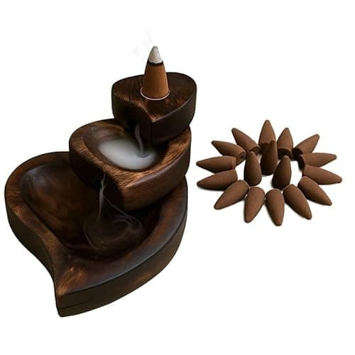 Image of Wooden Backflow Incense Burner with 24 Backflow Dhoop Cones – Handmade Waterfall Smoke Burner, Mixed Fragrance Cones, Aromatherapy for Meditation, Yoga & Home Décor