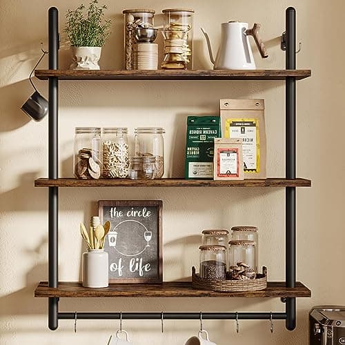 Image of Bestier 3 Tier Industrial Pipe Shelving, Floating Book Shelves for Wall, Storage Hanging Shelves with Towel Bar for Bathroom Organizer Bedroom Kitchen Plants Office. 31.5 Inch Rustic Brown