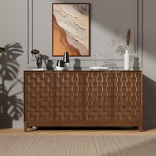 Image of COLAMY Sideboard Cabinet, Wooden Sideboard Cabinet with 4 Doors, Textured Design, Adjustable Shelves, Soft Close Hinges, Durable Storage Cabinet Cupboard for Living Room Kitchen Hallway,Walnut