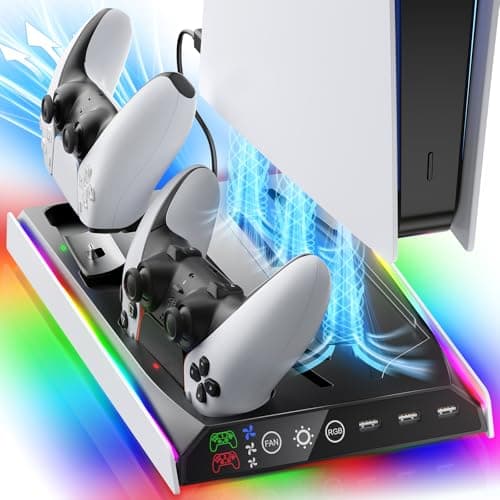Image of Fenolical PS5/Slim/Pro Stand with Adjustable Cooling Fan, Vertical PS5 Cooling Charger Stand for PS5/Slim/Pro, Multifunctional PS5 Slim Cooling Station with Dual Controller Chargers and RGB Light