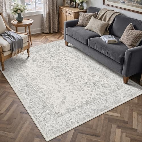 Image of PureCozy Grey Washable Rugs Living Room 140x200cm Vintage Floral Area Rug Non Slip Distressed Bedroom Kitchen Office Dining Room Door Mat Indoor, Traditional Boho Low Pile Carpet