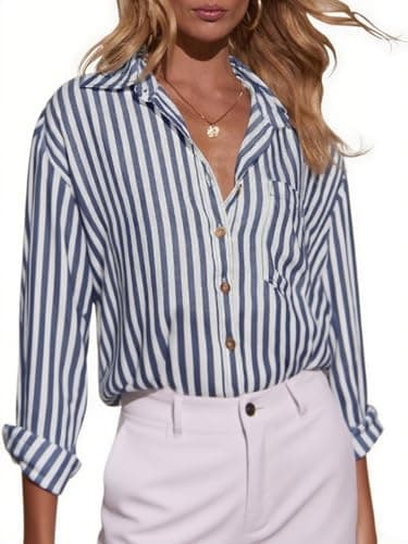 Image of Dressmine Womens Blouses Shirts Cotton Striped Long Sleeve V Neck Spring Clothes Button Up Collared Business Casual Clothes Navy Blue S
