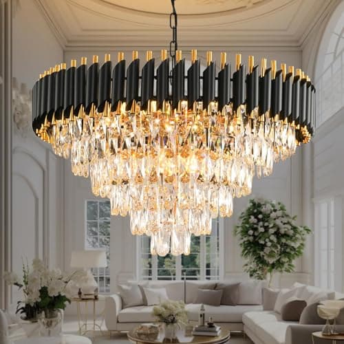 Image of MSSIAN Gold Modern Crystal Chandelier - 6-Tier Round Crystal Chandelier Light Fixture, Black, Large, for Dining Room, Living Room, Bedroom, Entryway, E14*15Light