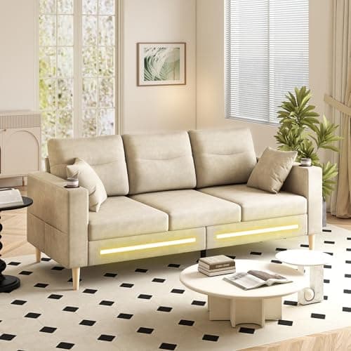 Image of Gryalzes 3 Seater Sofas for Living Room Furniture,190cm Chenille Fabric Settee with LED Light,Modern Deep Seat With Cup Holders and Pillows,Pocket Storage,Wood Legs,Cloud Couch,Requires assembly,Beige