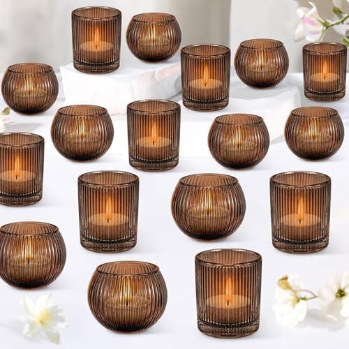 Image of Amber Tea Light Candle Holders for Wedding Table Centerpieces, 30 Pcs Ribbed Glass Tealight Holders for Home Decor, Vintage Votive Holders for Thanksgiving & Christmas