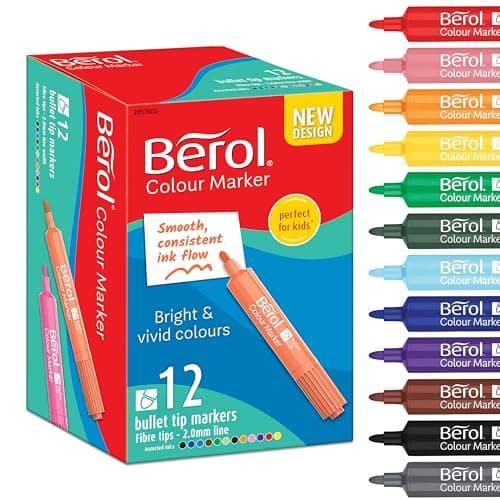 Image of Berol Felt Tip Colouring Markers | Bullet Point (2.0mm) | Assorted Colours with Washable Ink | 12 Pens