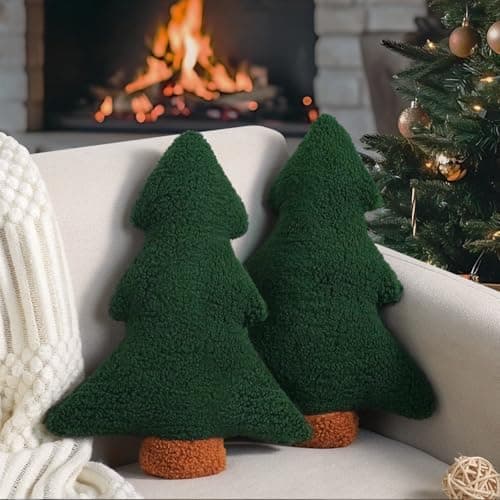 Image of Miaikoe Christmas Pillows, Decorative Christmas Tree Cushions Set of 2 Stuffed Tree Shaped Plush Pillow for Holiday Party Sofa Living Room Decoration (33 x 26.5 cm, Green)