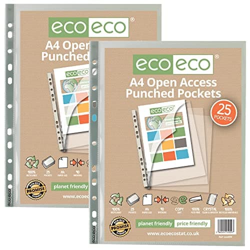 Image of eco-eco A4 100% Recycled Premier Multi Punched Pockets Glass Clear, Open Top and Side, Transparent Poly Wallet Sheet Protector, 90 Microns (Pack of 50), eco059x2, Grey